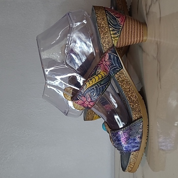Spring Step L'Artiste Leather Colorful Floral Embossed Slip-on Sandals 9 Boho - Picture 7 of 16